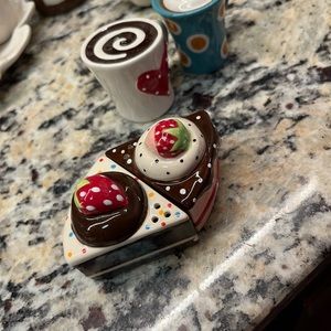 Two sets of salt and pepper, shakers, pie and mugs